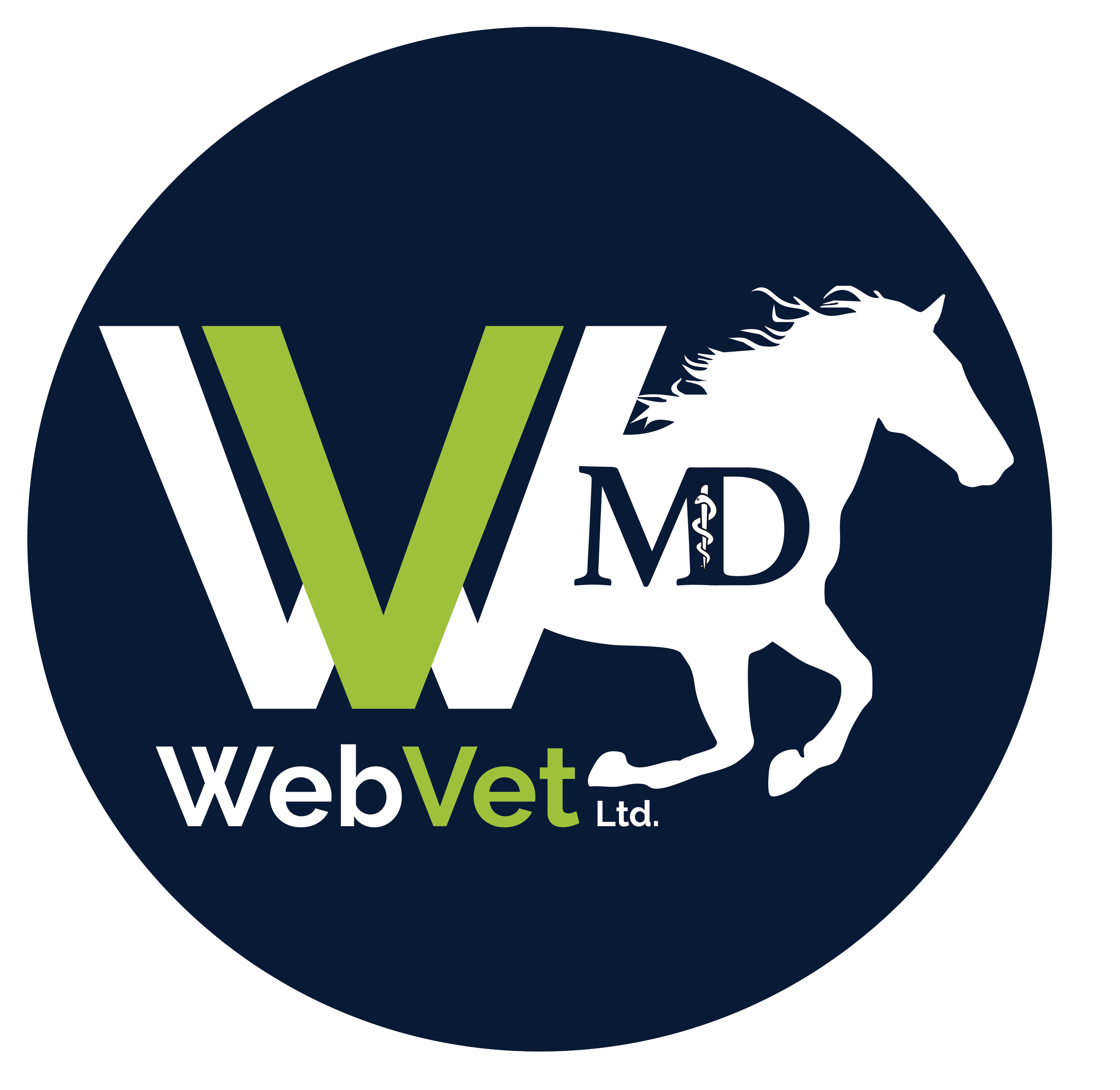 Logo with a dark blue circle background featuring a white horse head.