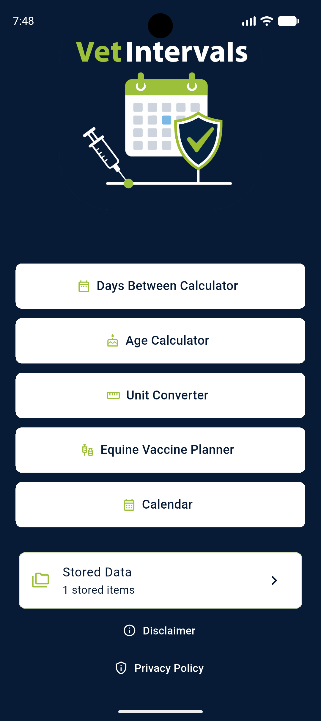 Mobile app interface titled 'Vet Intervals' with options for 'Days Between Calculator,' 'Age Calculator,' 'Unit Converter,' 'Equine Vaccine Planner,' 'Calendar,' and 'Stored Data.' The screen includes icons of a calendar, syringe, shield with checkmark, and vaccine.