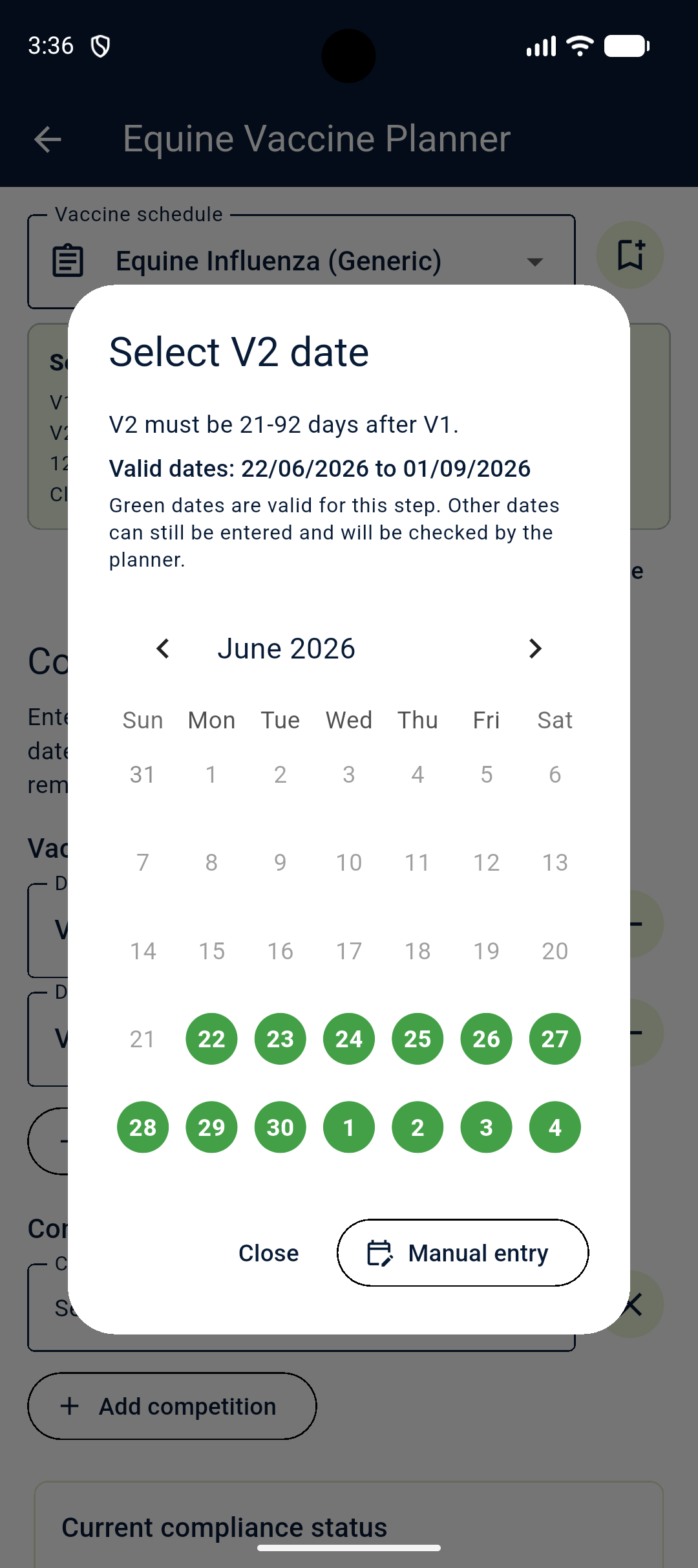 Screenshot of a mobile app screen for scheduling equine vaccines, specifically selecting a date in June 2026, with green circles highlighting selected dates from June 22 to July 4.