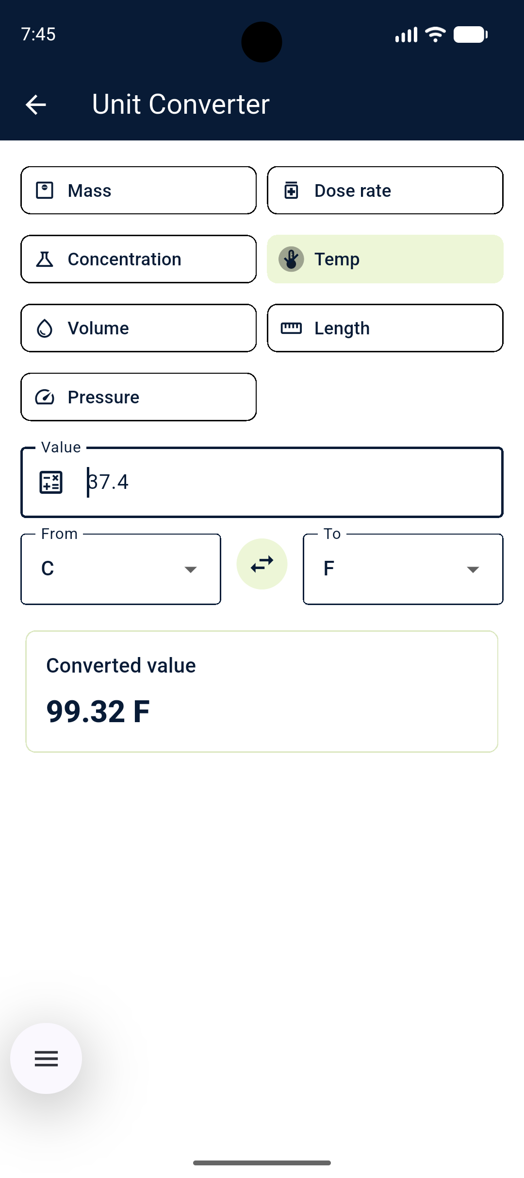 A mobile app screen showing a unit converter for temperature. The current value is 37.4, converting from Celsius (C) to Fahrenheit (F), with the result 99.32°F. The interface includes options for converting mass, dose rate, concentration, volume, length, and pressure.