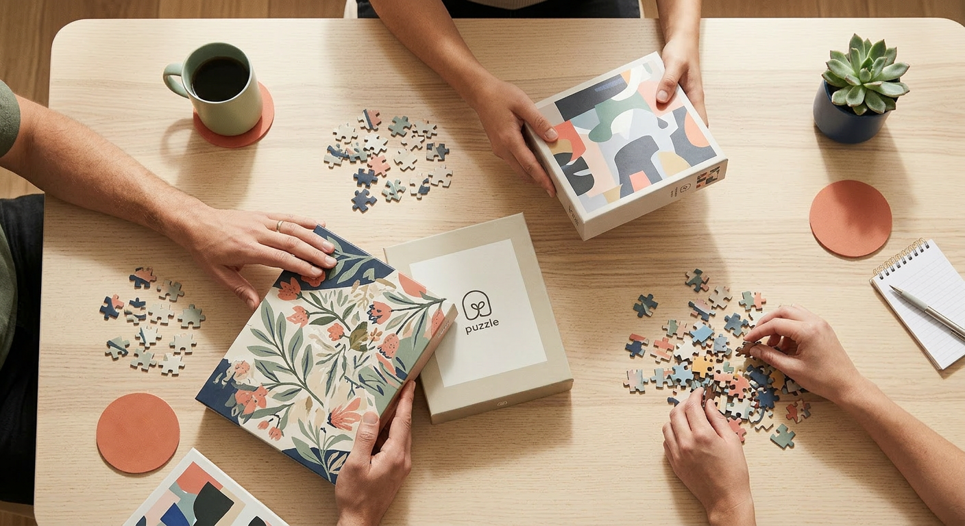 People working on assembling a colorful jigsaw puzzle at a wooden table, with puzzle pieces, a notebook, a pen, a potted succulent, coffee, and decorative coasters.