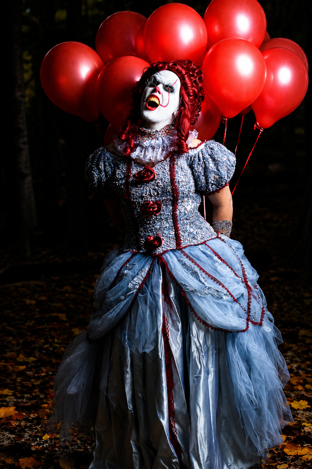 A person dressed as a sinister clown or doll in an elaborate Victorian-style gown, holding a bouquet of red balloons, standing outdoors at night.