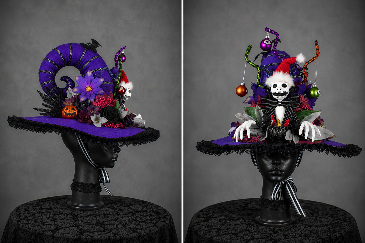 A black mannequin head displays two elaborate Halloween-themed witch hats, each decorated with purple, black, and festive ornaments, including skeletons, flowers, and Christmas baubles.