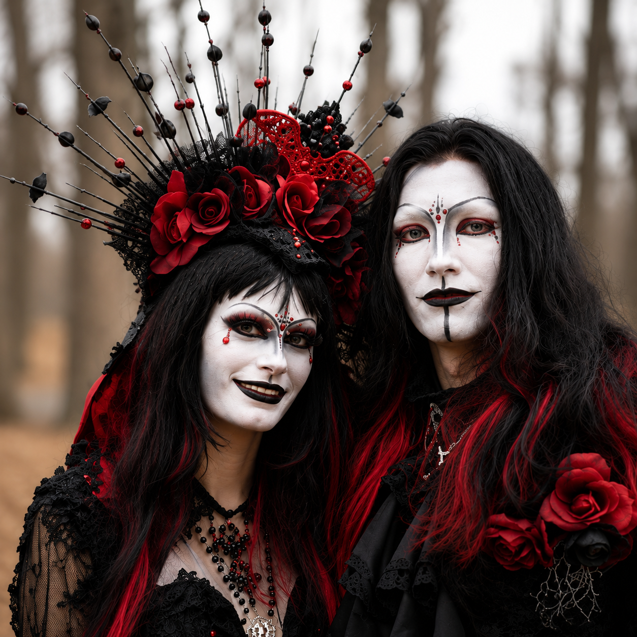 Two individuals dressed in gothic costumes with white face paint, black and red makeup, and elaborate accessories, standing outdoors in a wooded area.