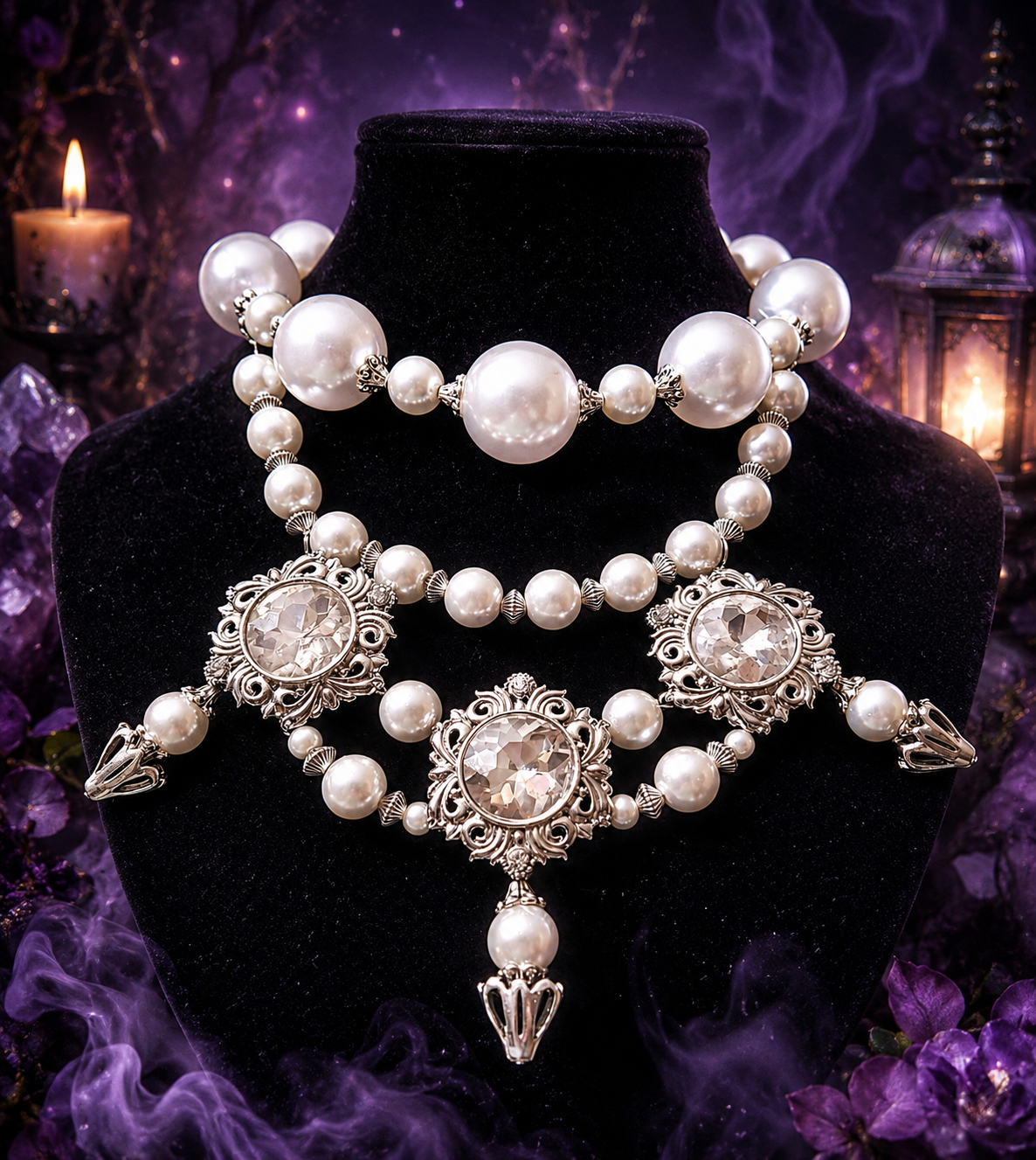 A set of pearl jewelry including two necklaces and a pair of earrings on a black display bust, with purple flowers and candles in the background.
