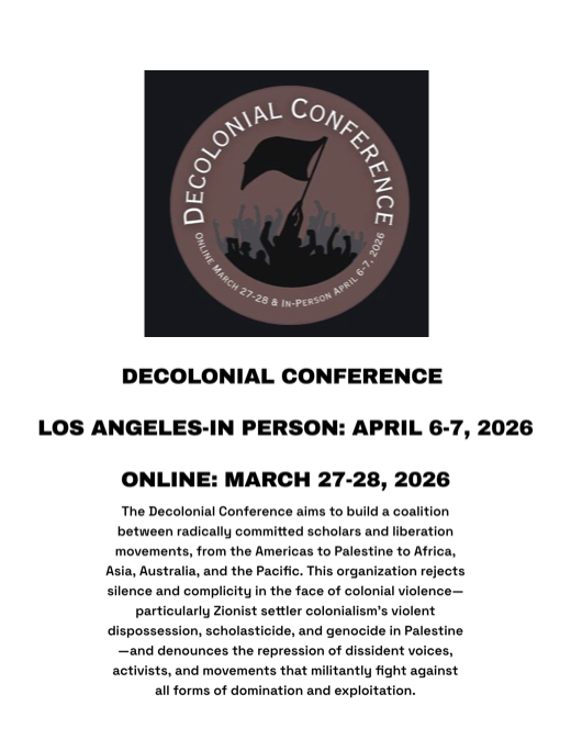 Logo for the Decolonial Conference, featuring a raised fist holding a flag, with the event dates and description.