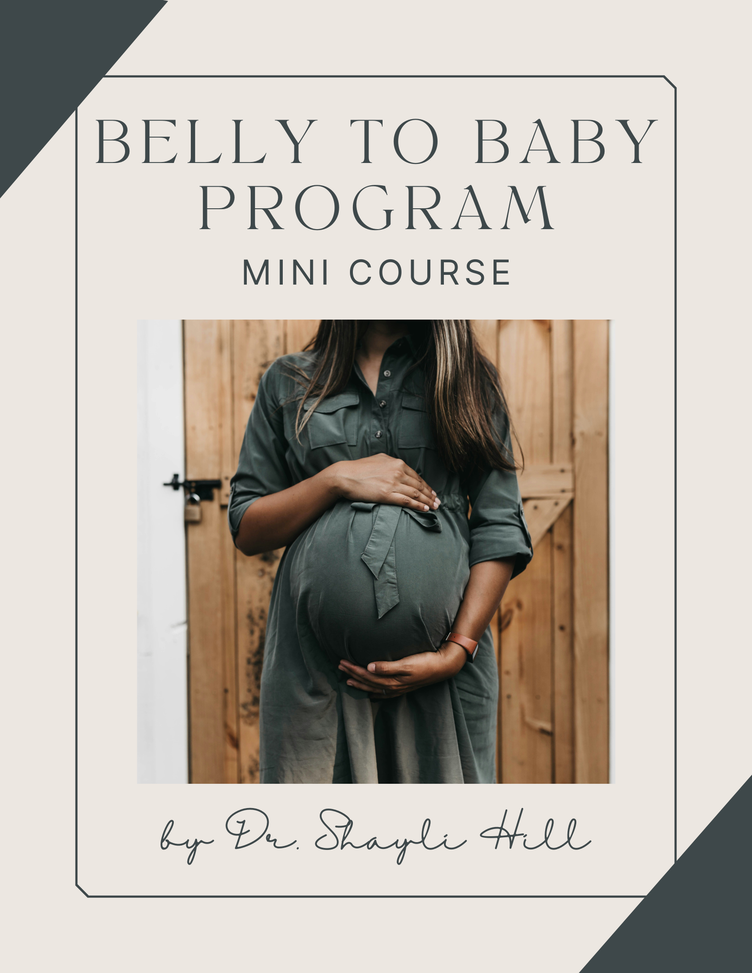 Cover page for a mini prenatal course titled 'Belly to Baby Program,' featuring a pregnant woman cradling her belly in front of a wooden background, with the course author Dr. Shayli Hill.