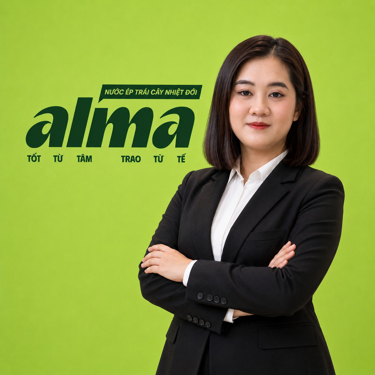 A woman in business attire standing with arms crossed in front of a green branded backdrop.