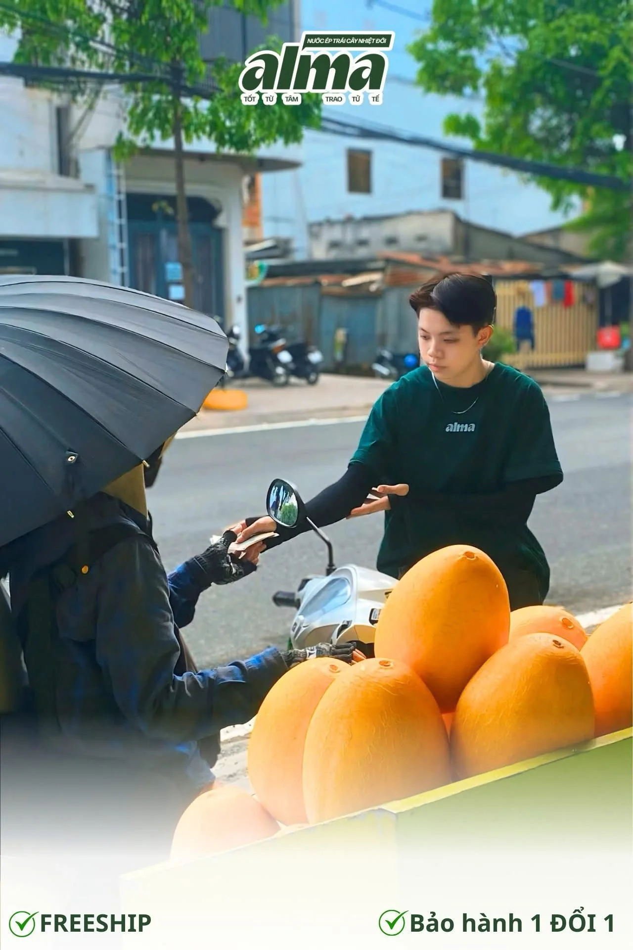 Young man at a fruit stand on the street, buying a papaya with other papayas displayed for sale.