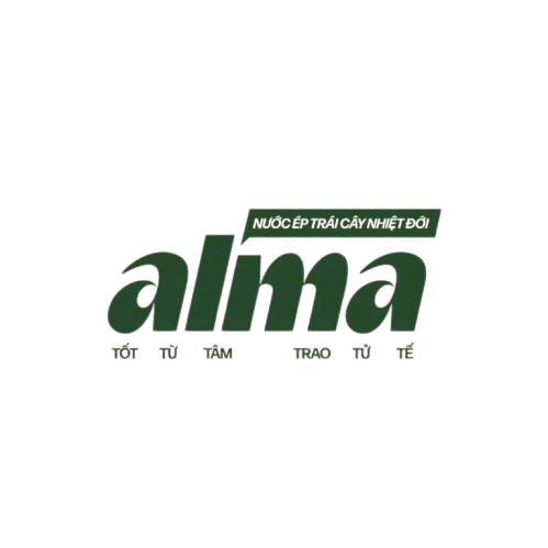 A logo with the text 'Alma' in bold green letters and a green moving box above with smaller text.