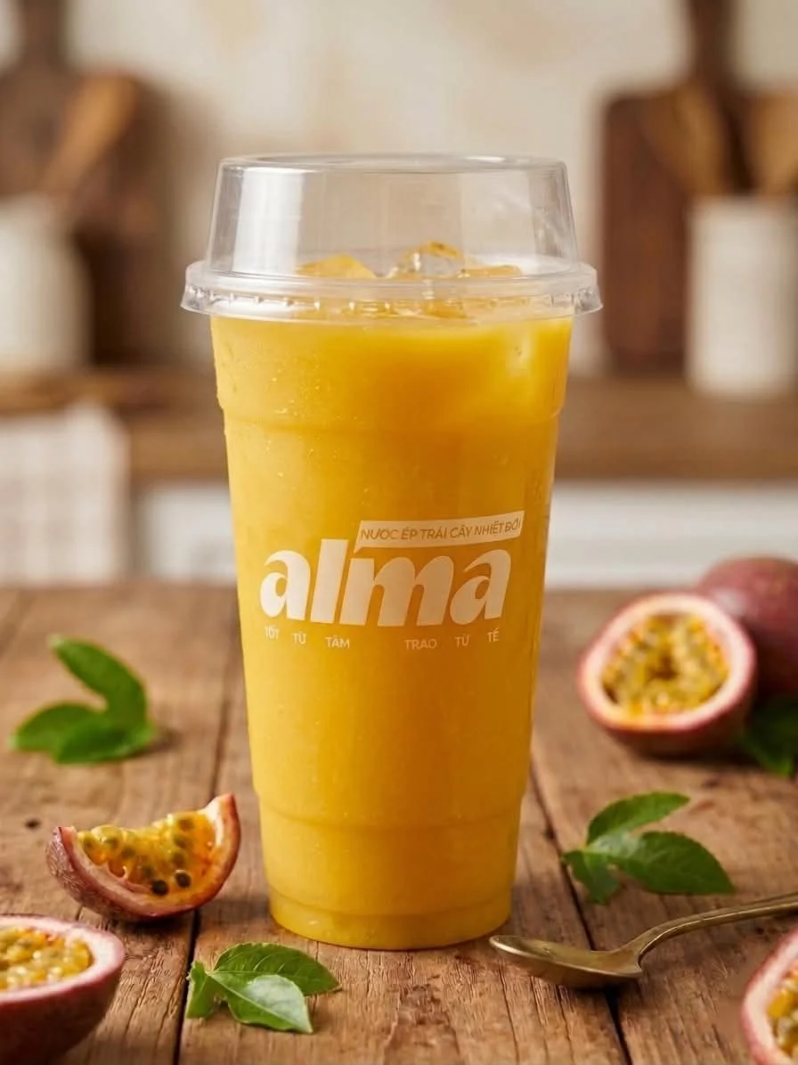 A plastic cup filled with yellow passion fruit juice on a wooden table, with passion fruit halves and green leaves around it, and a spoon nearby.