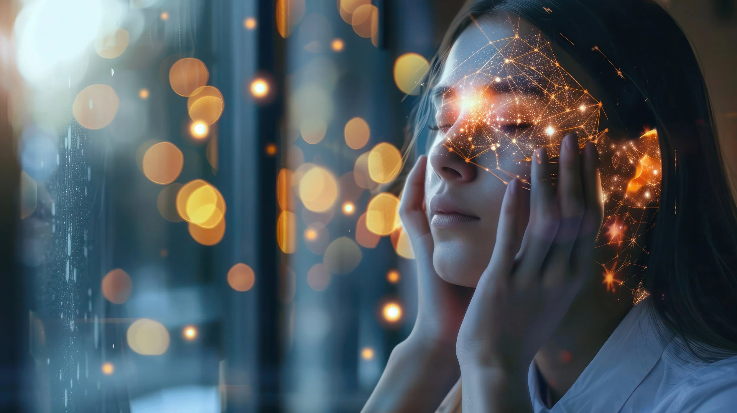 Woman experiencing chronic pain with glowing neural pathways, representing ketamine infusion therapy.