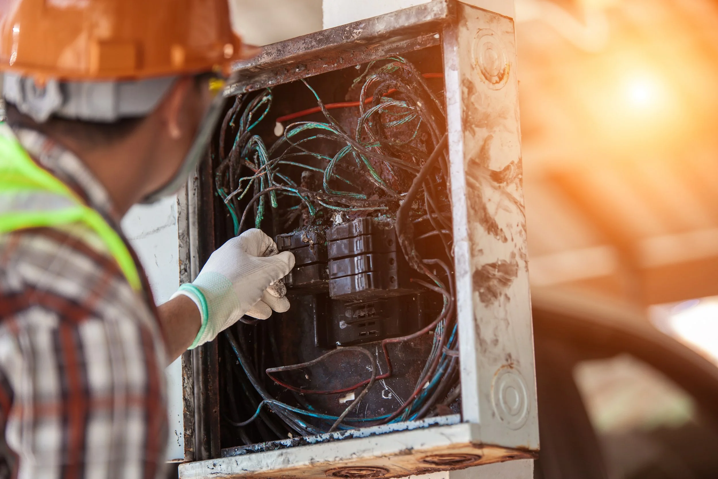 Electrician in a hard hat and safety vest reaching into an open high-voltage electrical panel filled with exposed wiring.