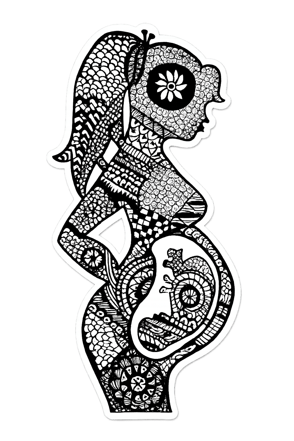 A black and white line art illustration of a chameleon with intricate patterns, featuring a human profile on top and a chameleon at the bottom.