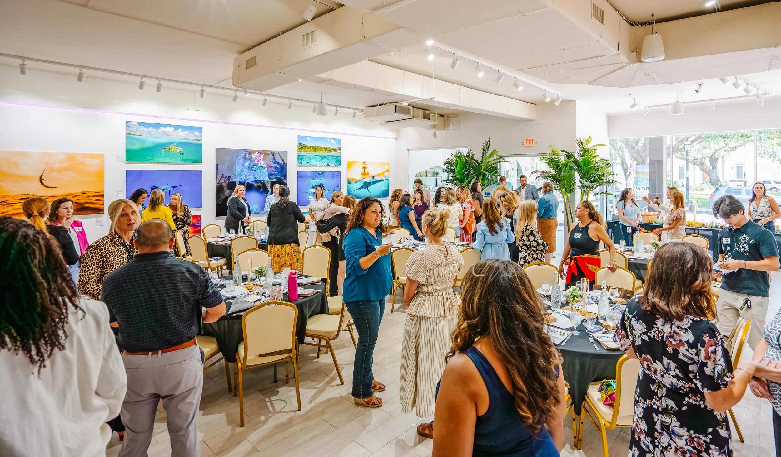 An art gallery or exhibition space for networking and private events with people gathered around. Artwork, mostly ocean and beach scenes, hang on the white walls. There are indoor plants near large windows letting in natural light.
