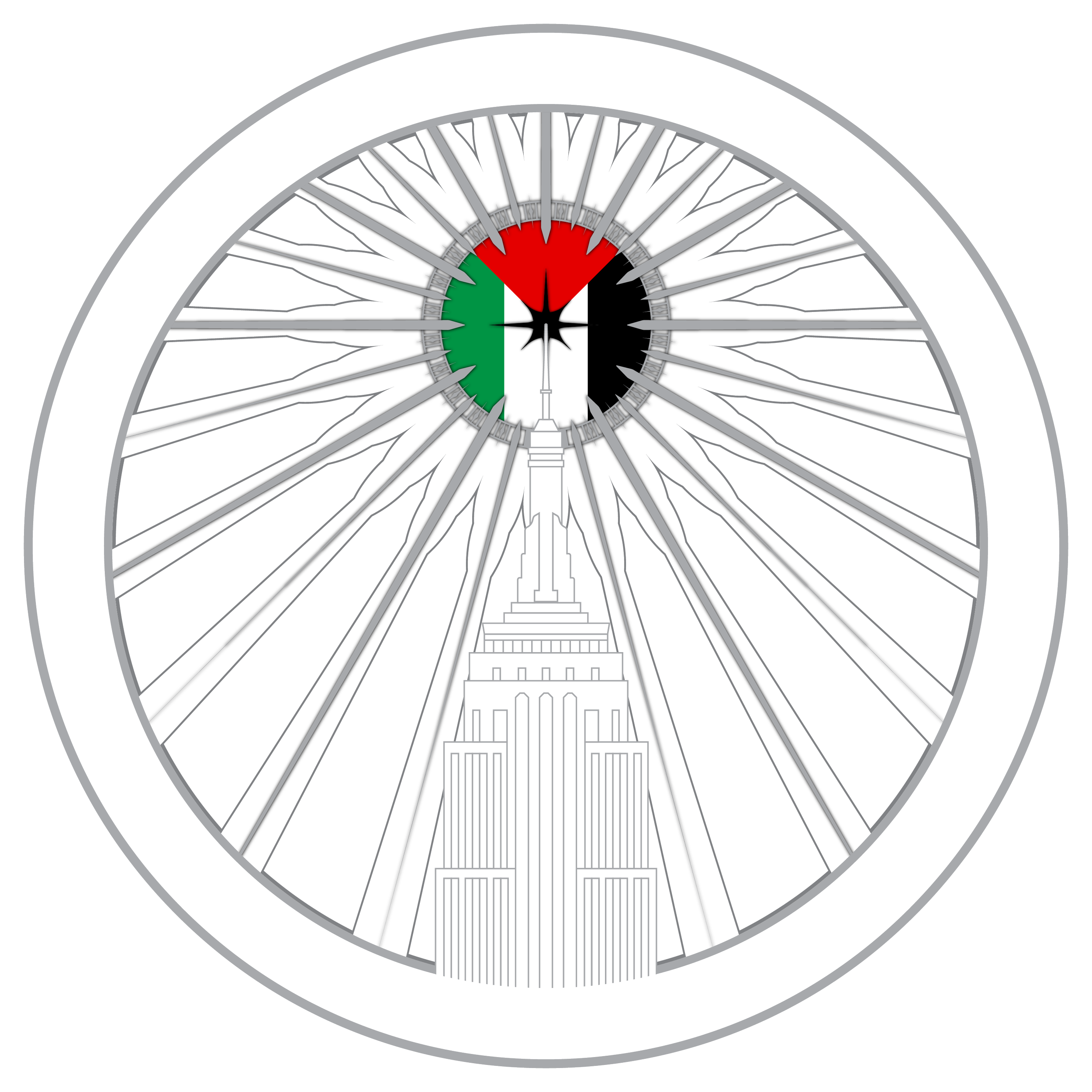 Close-up of a bicycle wheel with a red, green, and black hub. The spokes are silver, attached to the hub and the white rim. The background is black.