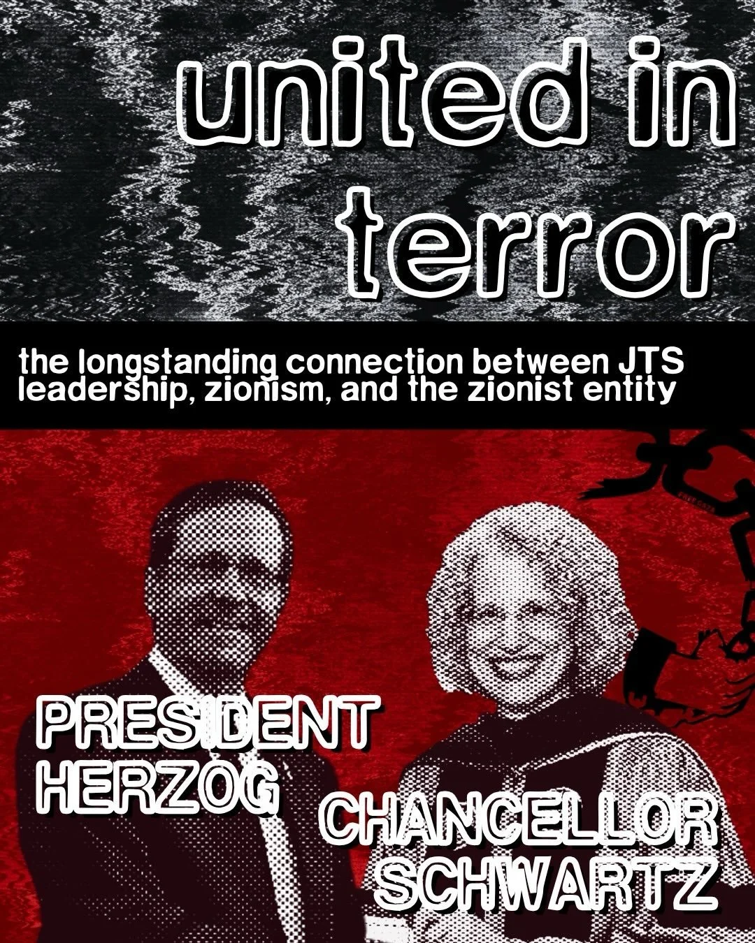 UNITED IN TERROR: JTS CHANCELLOR SCHWARTZ &amp; ENTITY &ldquo;PRESIDENT&rdquo; HERZOG

Present JTS leadership maintains a deep, long-standing connection to the Zionist entity. Chancellor Schwartz proudly declares the seminary a Zionist institution, u