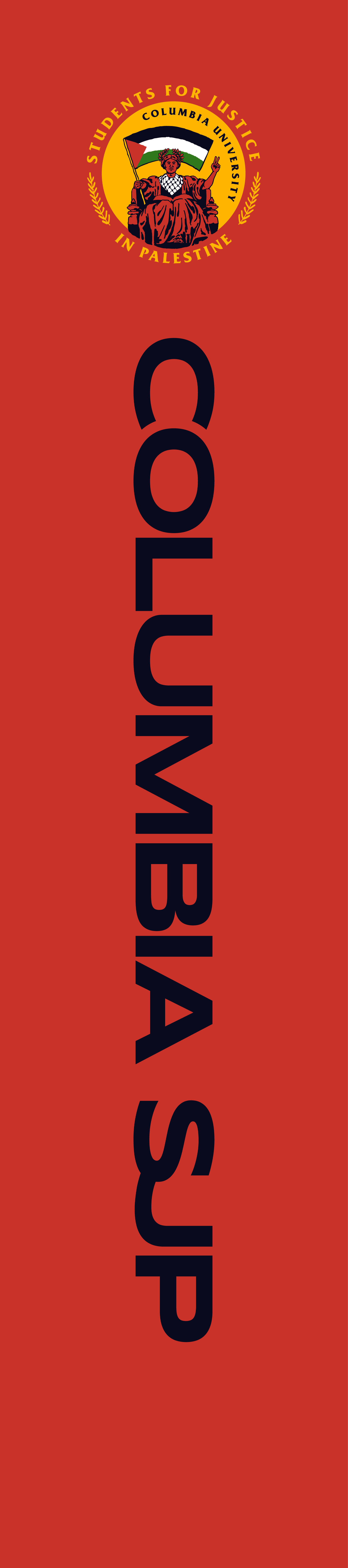 Columbia University Students for Justice in Palestine banner with a logo featuring a seated woman holding a Palestinian flag, on a red background.