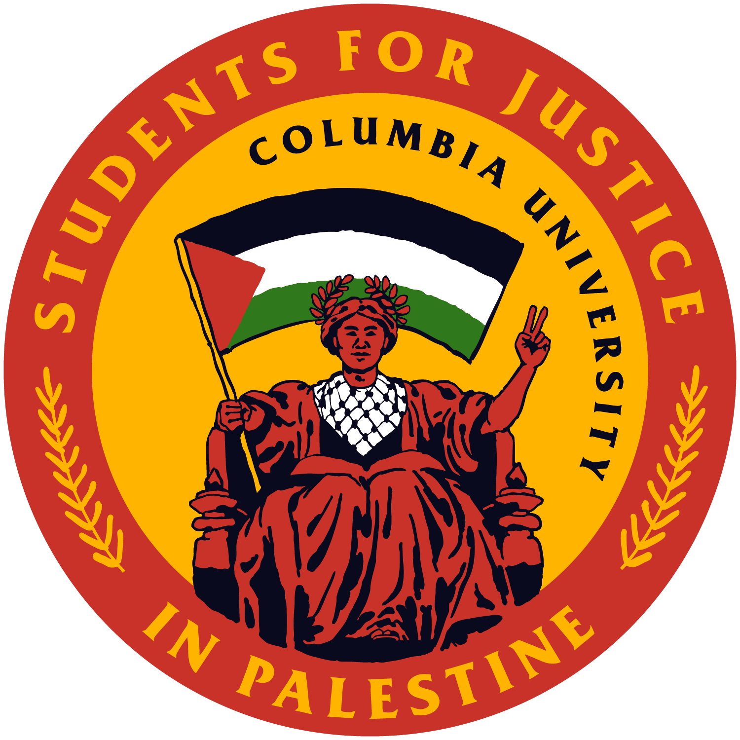 Emblem with a woman sitting on a throne holding a Palestinian flag, making a peace sign, surrounded by a yellow circle with the words 'In Palestine' and a red outer ring with the words 'Stand Ends for Justice in Palestine' and laurel branches.