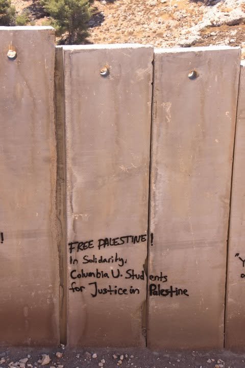 Graffiti on a wooden fence reads "Free Palestine in Solidarity. Columbia U. Students for Justice in Palestine."