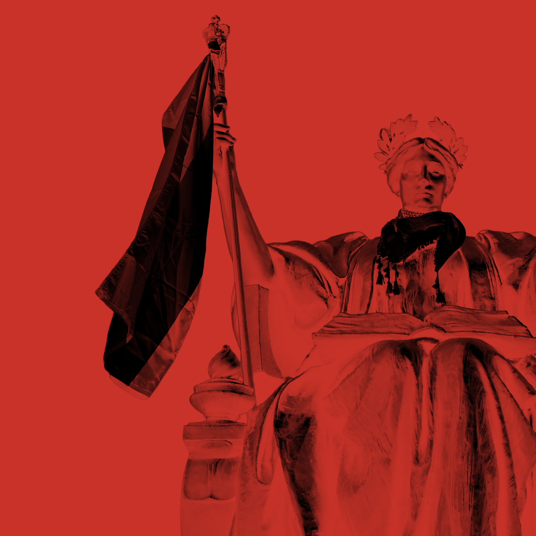 The Statue of Liberty holding a flag on a red background.