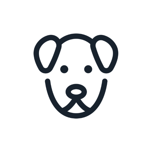 Simple black and white icon of a dog's face with floppy ears, eyes, and nose.