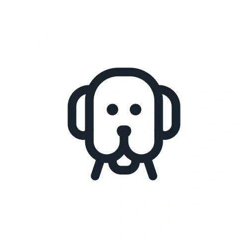Minimalist icon of a dog's face wearing headphones.
