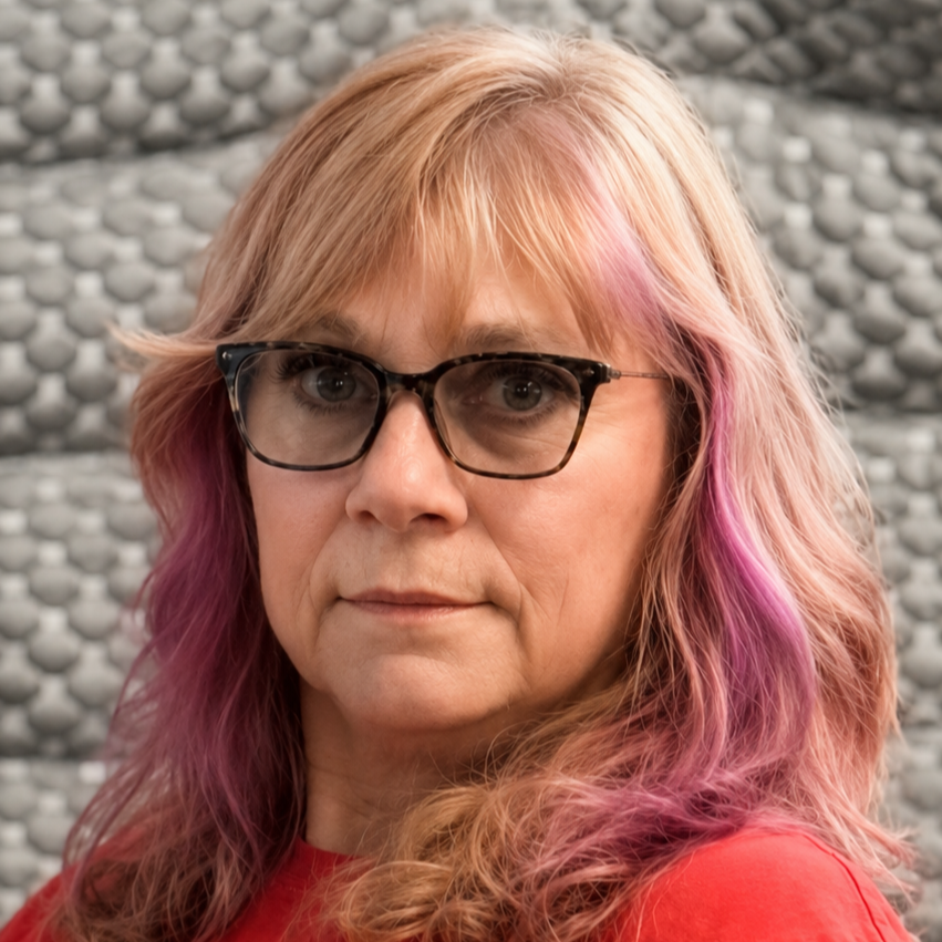 Close-up of a woman with pink and blonde wavy hair wearing glasses and a red top, with a textured gray background.