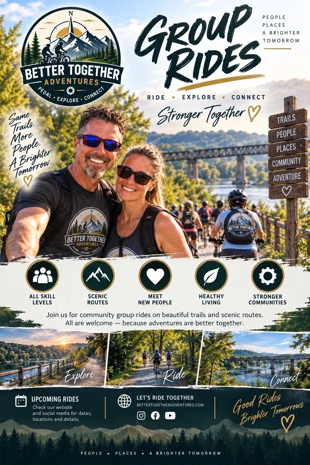 A promotional poster for community group rides by Better Together Adventures. The poster features a smiling man and woman wearing cycling gear, with a background of people riding bikes on a scenic trail near a river and mountains. The poster includes