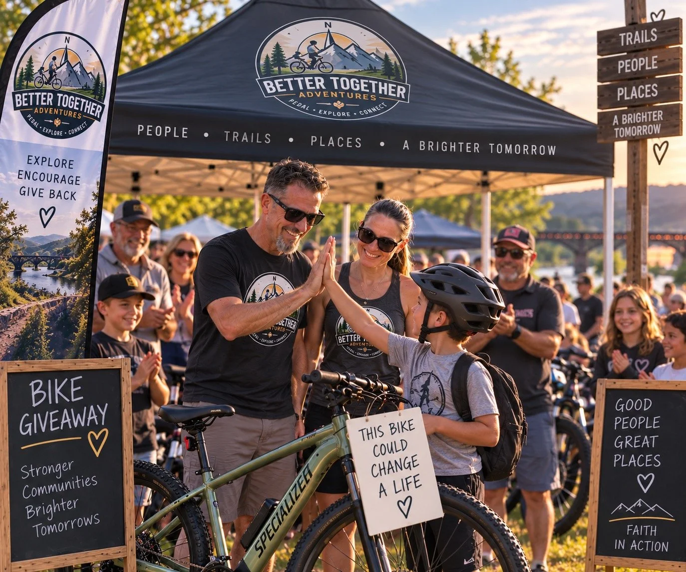 A boy high-fives an adult man at a bike giveaway event. The boy is wearing a helmet and backpack, and the man and woman are smiling. The event has signs promoting biking and community, with a tent that reads "Better Together Adventures" and a crowd in the background.