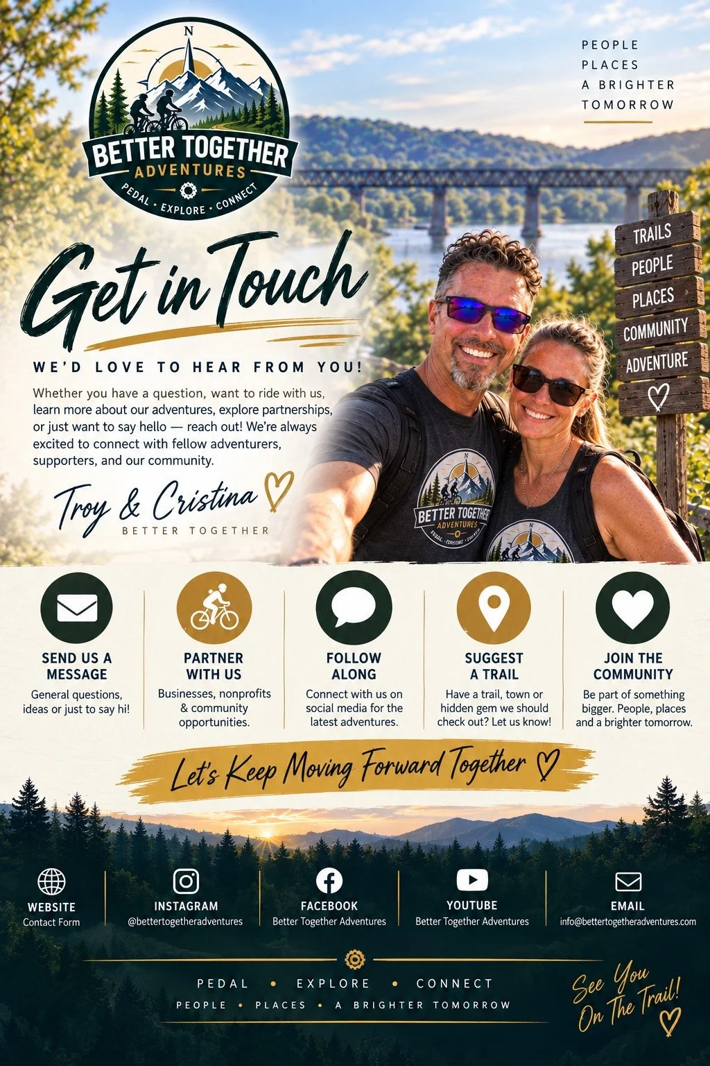 A promotional poster for Better Together Adventures featuring a smiling man and woman wearing sunglasses outdoors, with a scenic mountain and river background. The poster encourages people to get in touch and join the community through various contact options, with the slogan "Let's Keep Moving Forward Together."