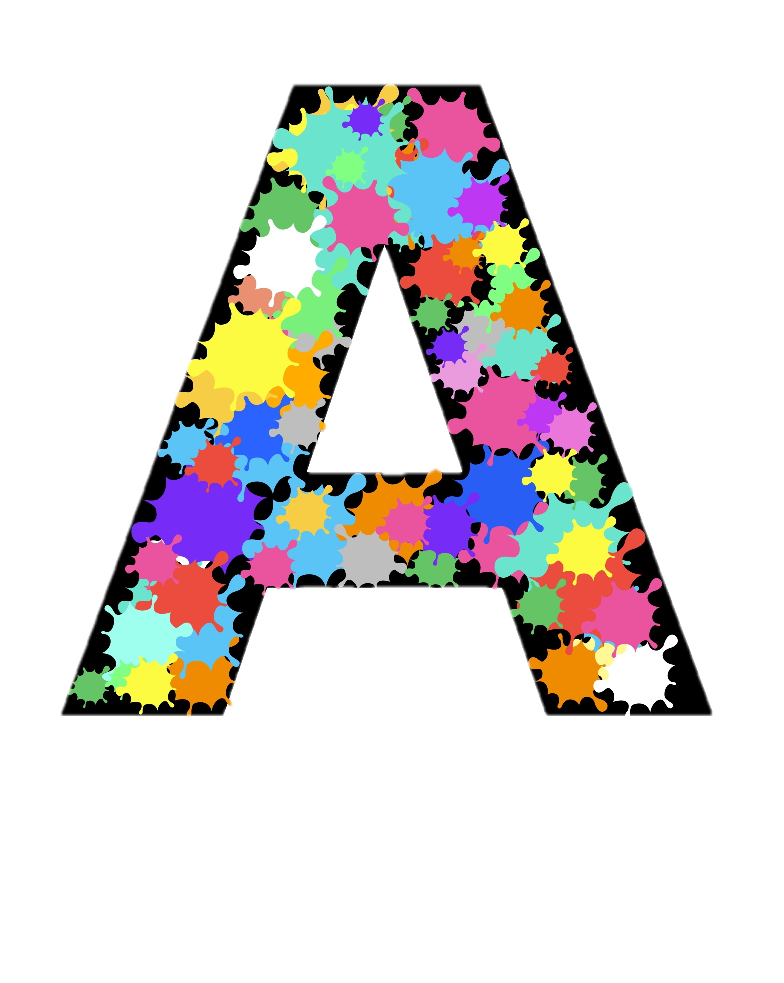 The letter A formed with colorful abstract splashes on a black background.