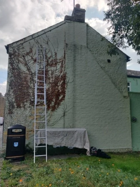 Backyard scene with a house, ladder leaning against the wall, a covered table, a trash bin, and some gardening tools on the grass.
