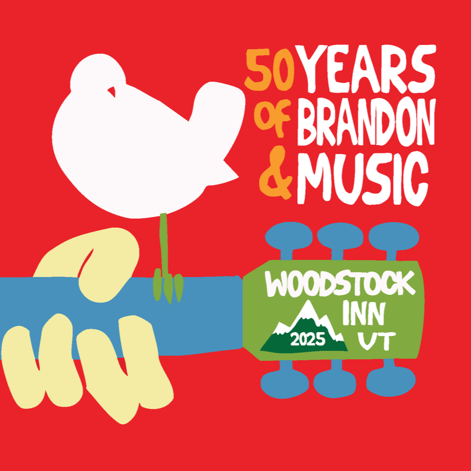 A graphic design celebrating 50 years of Brandon & Music, featuring a colorful illustration of a guitar headstock with a white bird shape on top, with the text '50 Years of Brandon & Music' and a green sign with the Woodstock Inn, VT, 2025, logo.