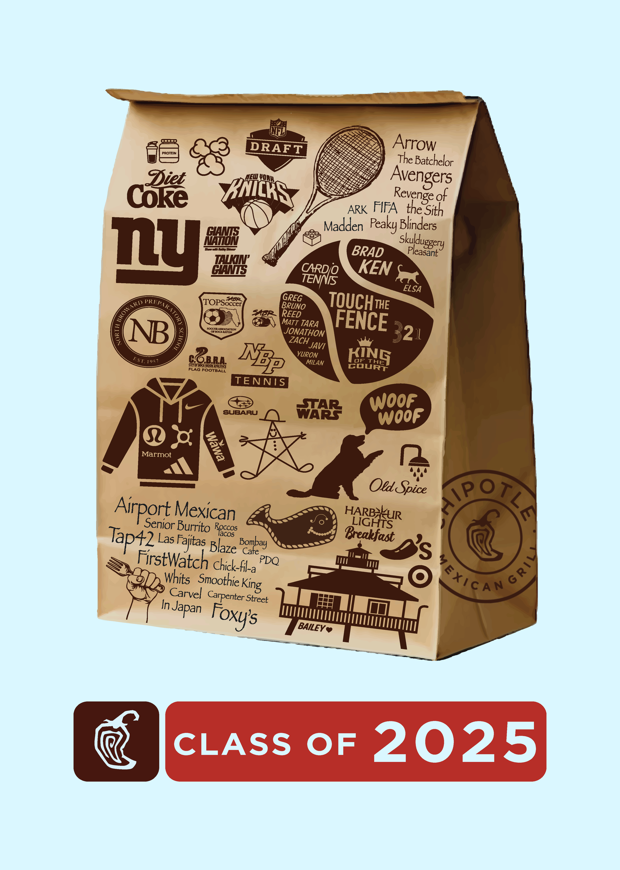 A paper bag featuring various sports, food, and entertainment-related illustrations and words, including a tennis racket, basketball, baseball, football, and logos for Nike, Adidas, and Star Wars, with additional phrases and logos.