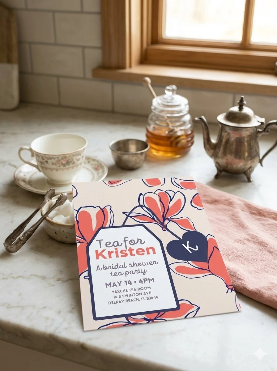 A bridal shower tea party invitation on a marble countertop, surrounded by teacups, a silver teapot, honey jar, small silver bowl, and pink cloth with a window in the background.