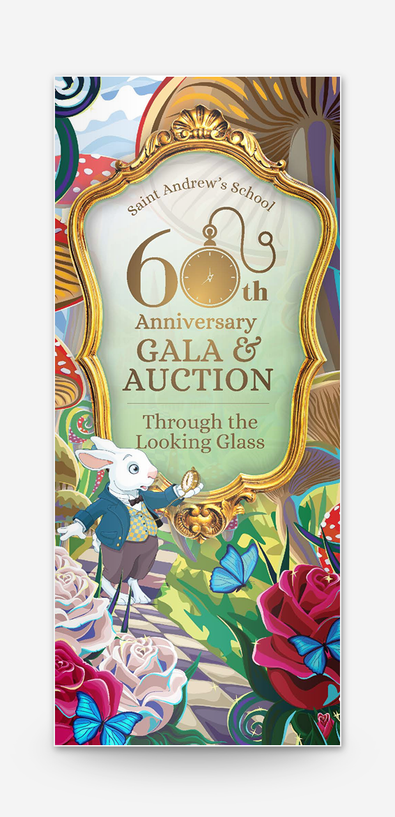 A colorful banner celebrating Saint Andrew's School 60th anniversary with an Alice in Wonderland theme, featuring a white rabbit in a suit holding a pocket watch, surrounded by vibrant roses, butterflies, and whimsical scenery.