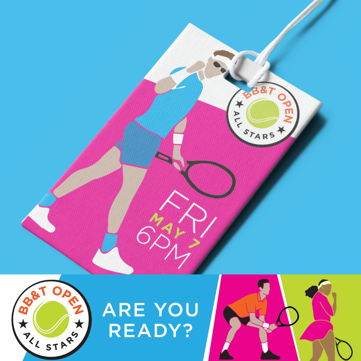 Event ticket for a tennis match with dates and times, featuring illustrations of a man and woman playing tennis, and the BBT Open All Stars logo.