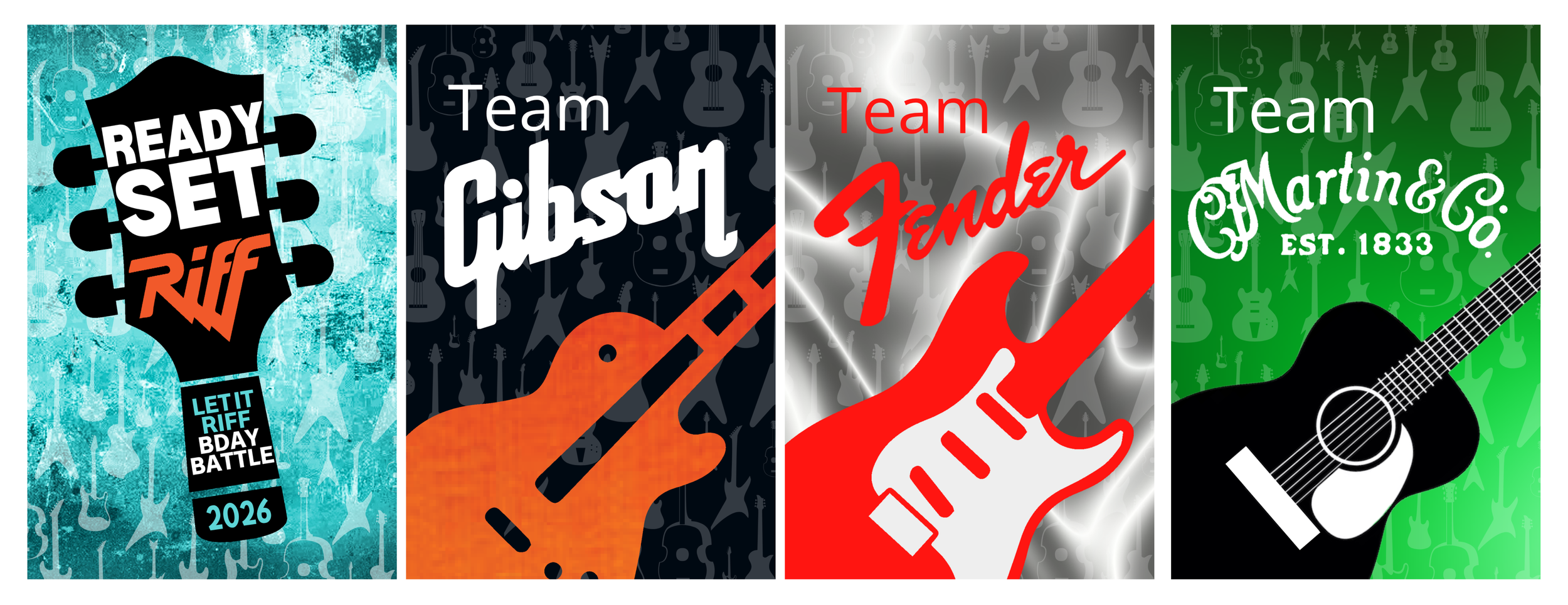 Digital artwork for a guitar competition event called 'Ready, Set, Riff 2026' featuring four musical-themed posters. The first poster shows a black guitar headstock with white and orange text. The second poster displays an orange guitar neck with the