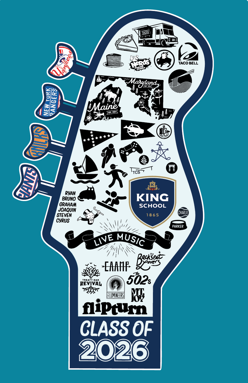 A graphic illustration of a guitar headstock filled with symbols representing various activities, interests, and organizations of the graduating class of 2026, including food trucks, sports, music, camping, and local landmarks.