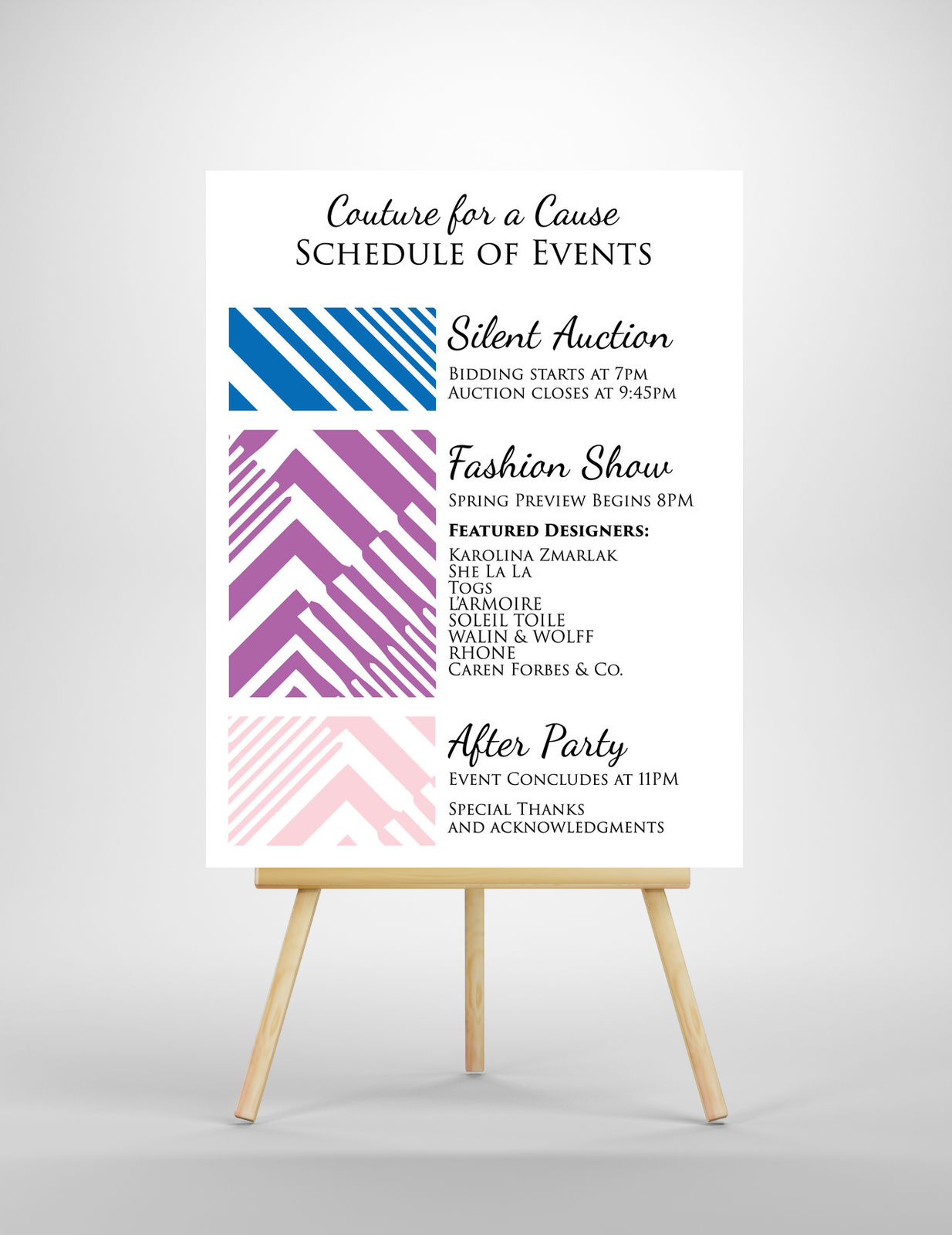 Poster with a schedule of fashion event. Features three sections with colorful abstract stripe patterns. The first section is for a silent auction starting at 7 PM, ending at 9:45 PM. The second section is for a fashion show with spring preview begin