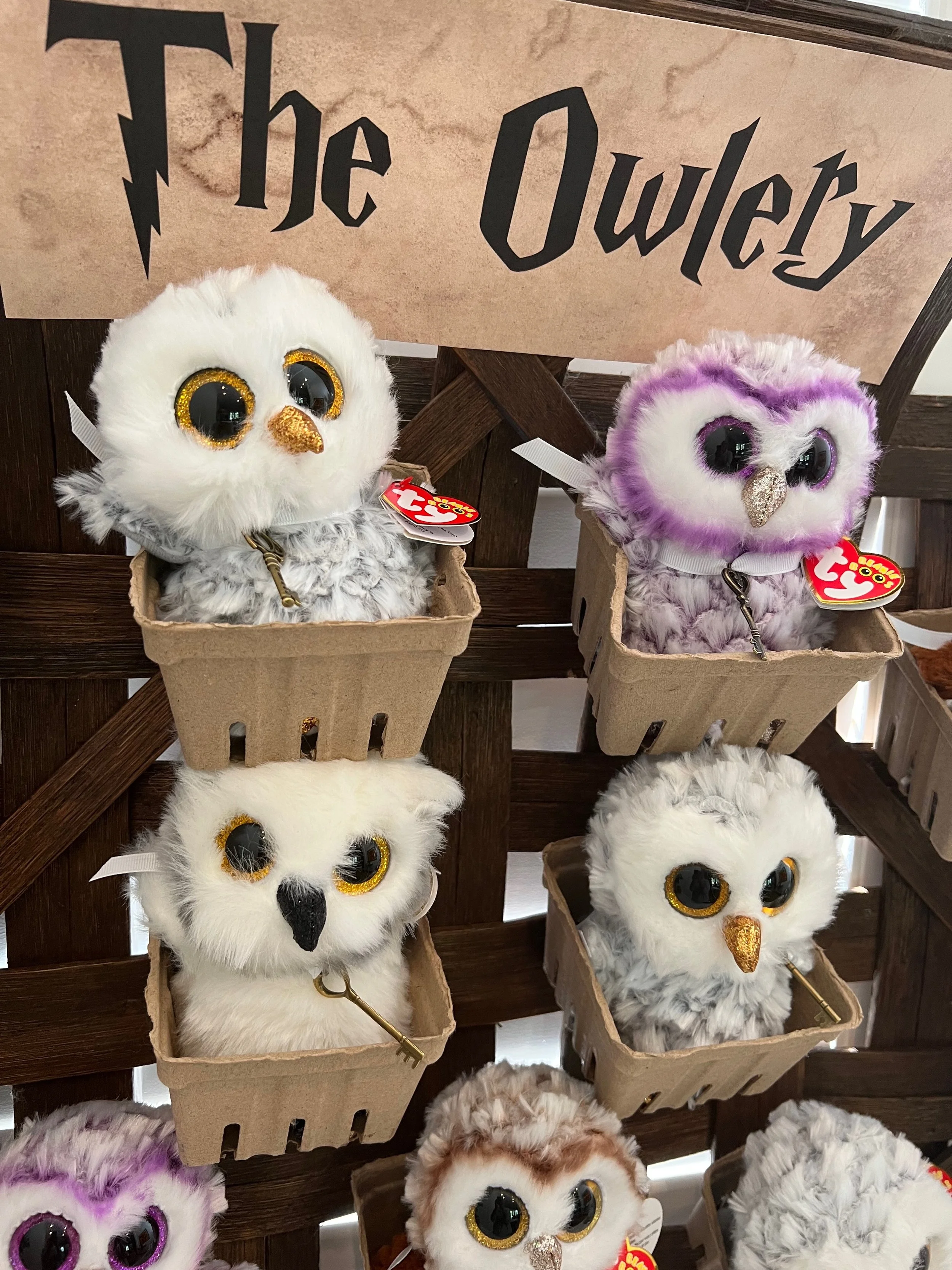 Collection of plush owl toys with large eyes, in cardboard boxes on a wooden display, with a sign reading 'The Owlery' in the background.
