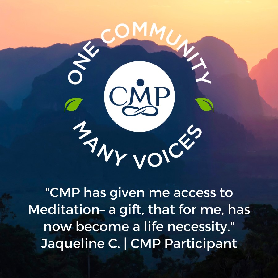 Sunset over mountains with a quote about meditation and a logo that reads 'CMP' surrounded by the words 'One Community Many Voices' and green leaf icons.