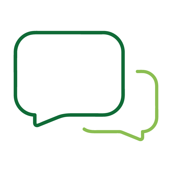 Two overlapping speech bubbles, one dark green and one light green.