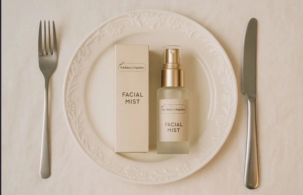 A bottle of Facial Mist and its packaging on a decorative white plate, with a fork on the left and a knife on the right.