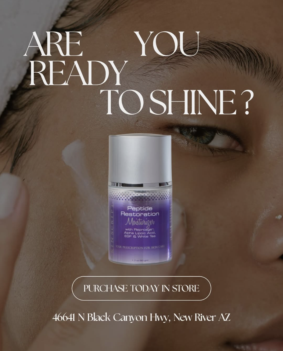 A woman applying a skincare product with the text "Are you ready to shine?" and a central image of a purple bottle labeled "Peptide Restoration Moisturizer" with some ingredients listed. There is a call-to-action button that says "Purchase today in s