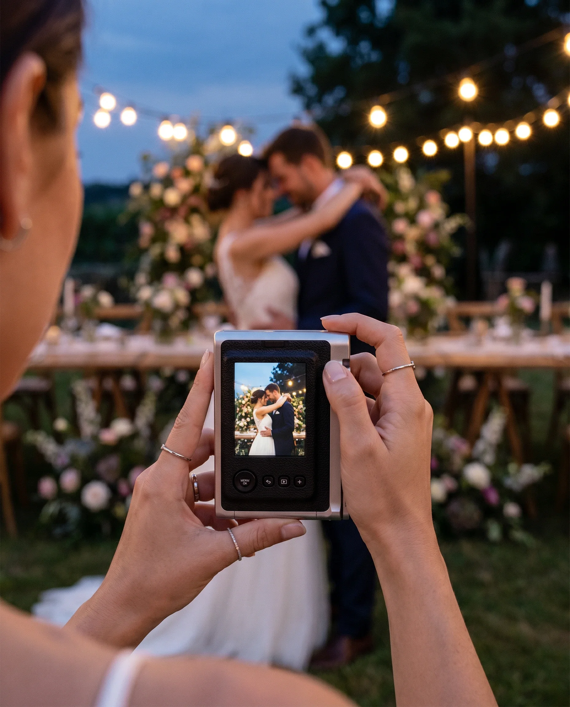 A person taking a photo of a couple at their wedding during their outdoor ceremony at dusk, with string lights and flowers in the background.