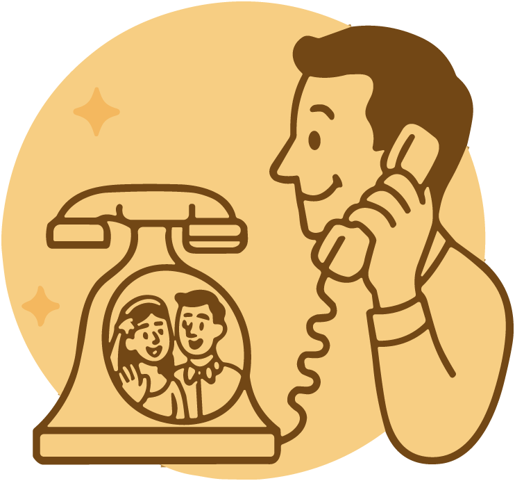 A man talking on a rotary phone with a picture of a smiling bride and groom on it, in front of a beige background with sparkles.