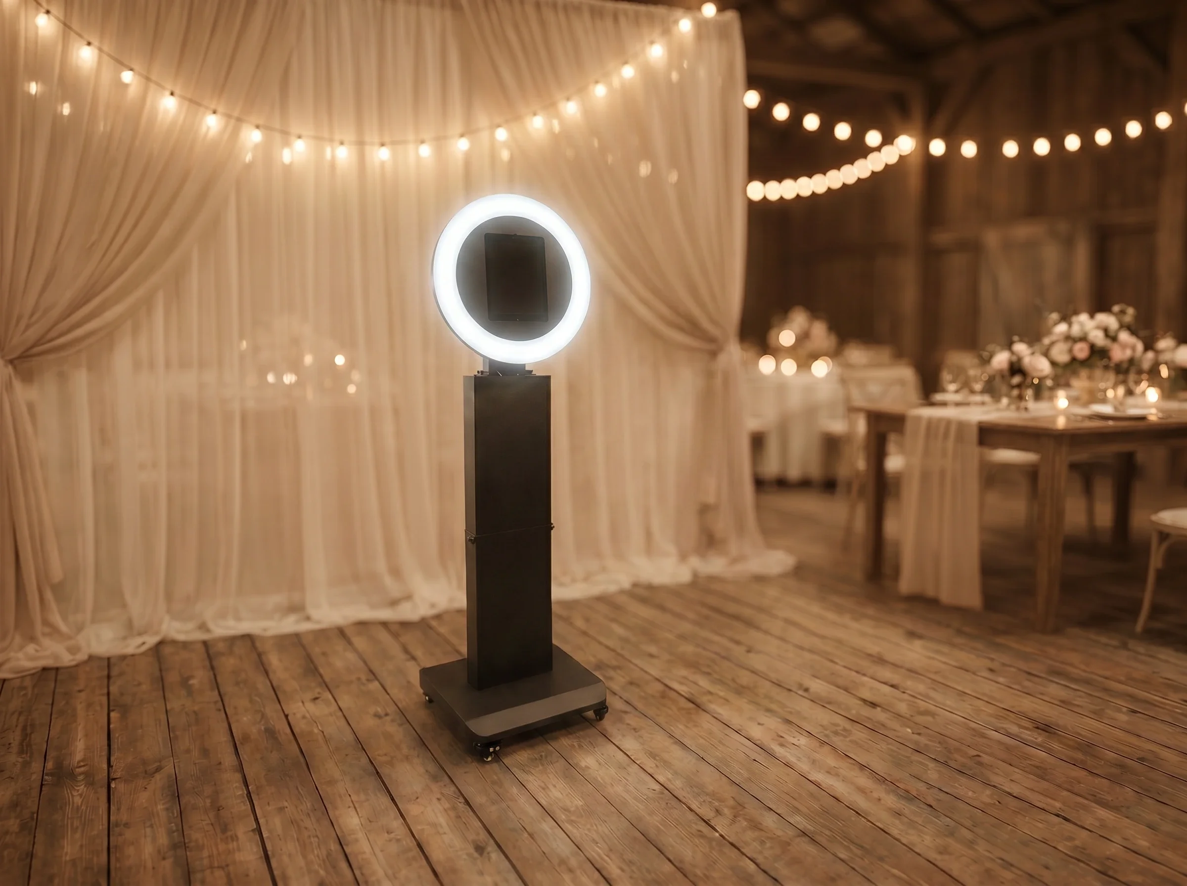 A photo booth with a ring light mirror on a black stand, situated in a decorated event space with string lights, cream curtains, and floral arrangements on tables.