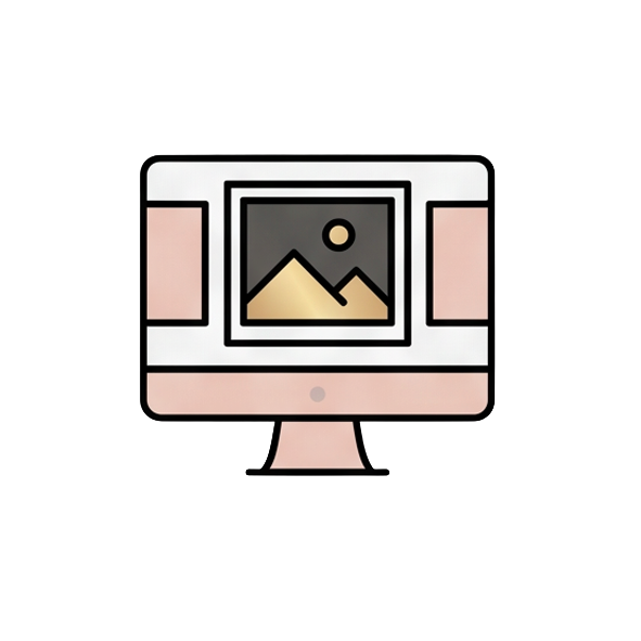 Computer monitor displaying a landscape photo of mountains and a sun or moon.